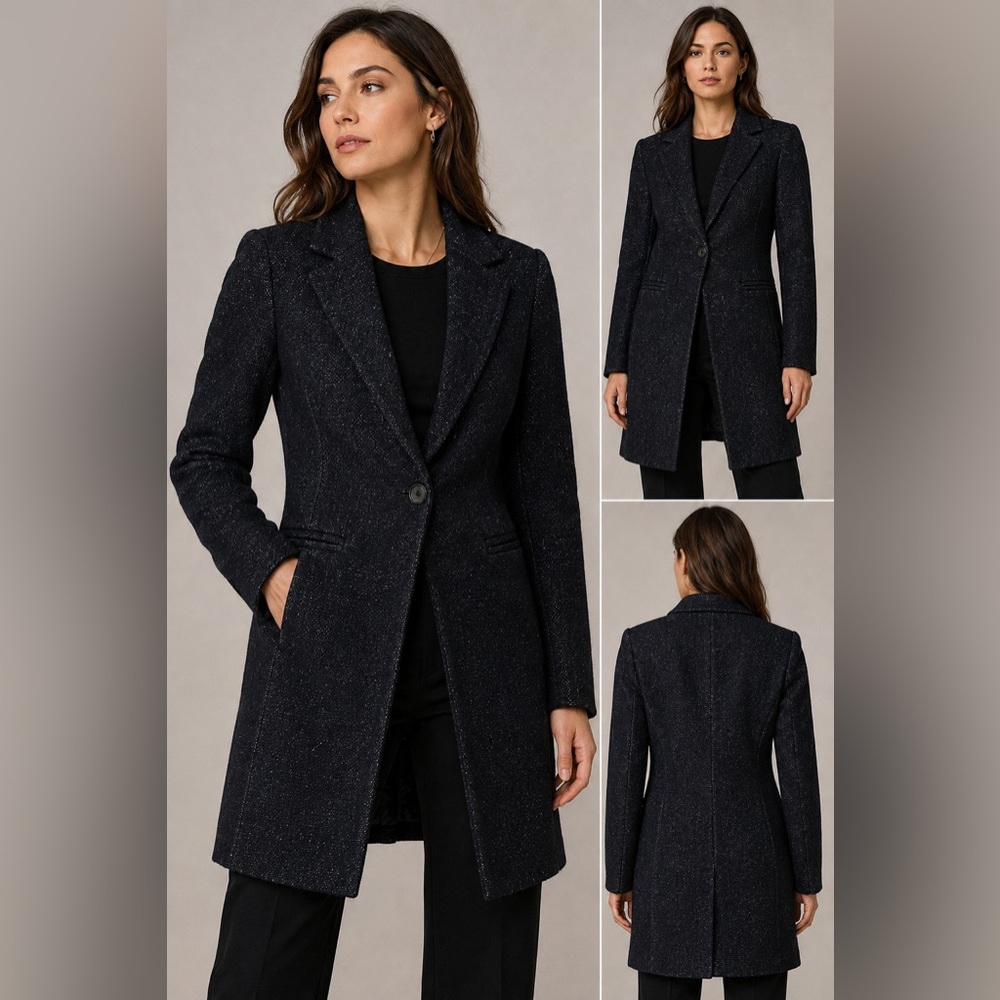 Massimo Dutti Women's 4 Longline Tweed Blazer Coat Black Charcoal Tailored EUR36